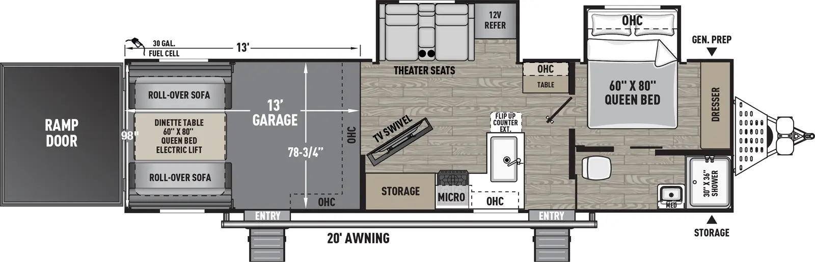 The Work and Play 30GS floorplan is a toy hauler that has two entries and two slide outs. Exterior features include: fiberglass exterior and 20' awning. Interiors features include: front bedroom.